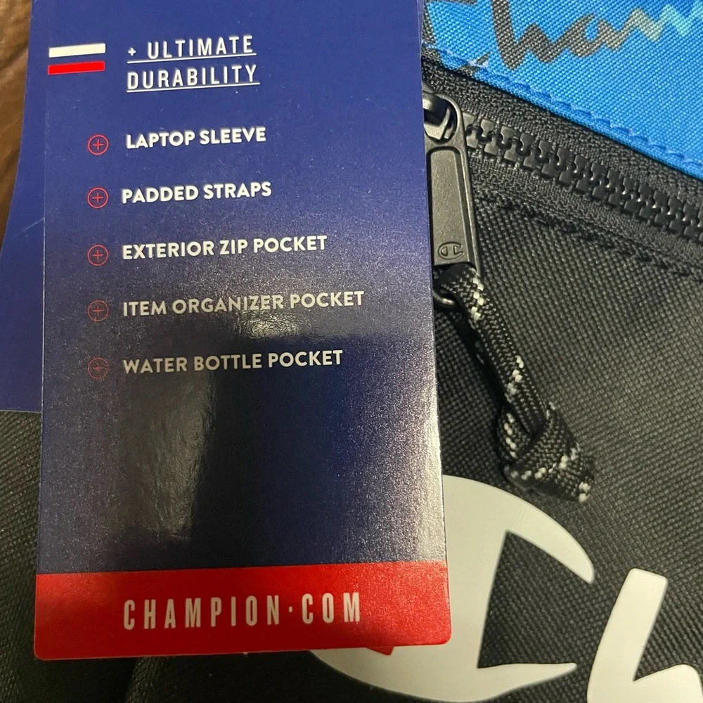 Champion Blue and Black Backpack with Bold Logo Design